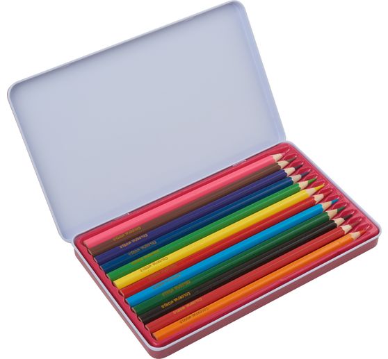 Colorful World design tin with 12 premium coloured pencils