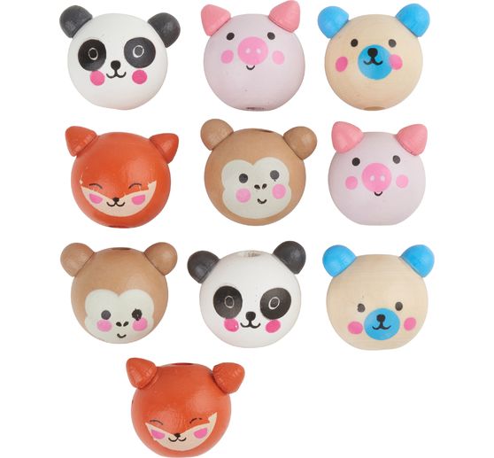 Wooden balls with face "Cute Animals", 10 pcs.