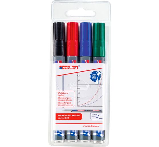 edding 250 Whiteboard marker met aluminium schacht "Ronde punt", set van 4