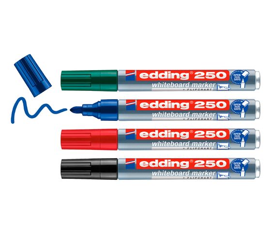 edding 250 Whiteboard marker met aluminium schacht "Ronde punt", set van 4