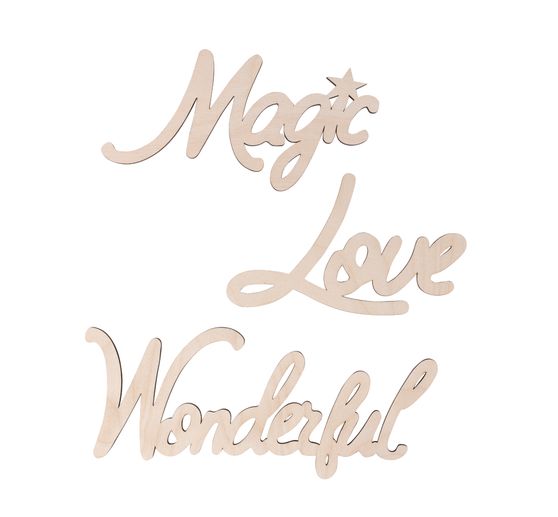 Houten letters "Magic-Love-Wonderful", set van 3