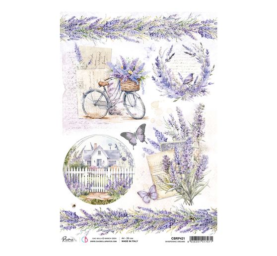 Motif straw silk "Morning in Provence - Lavender on the Garden fence"