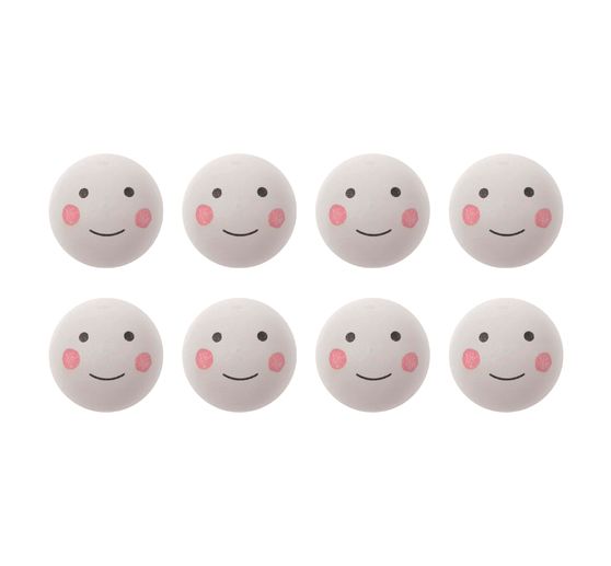 Wooden balls with face "White", drilled, 8 pieces