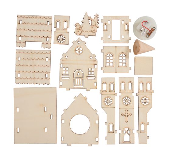VBS Houten bouwpakket "Kerk met ronde torenspits", incl. LED's