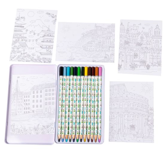 Designdoos met 12 kleurpotloden "Colorful World Weltreise"
