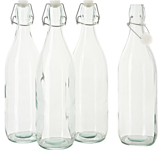 VBS Glazen fles met clip-sluiting "Rond", 1 Liter, 4 stuks