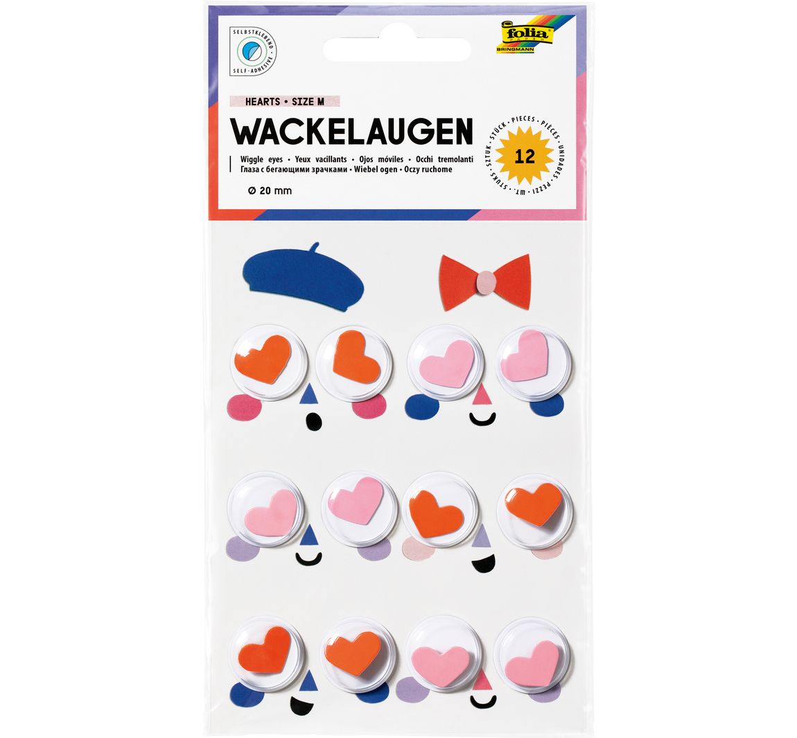 Wiebeloogjes "Hearts", 20 mm, zelfklevend