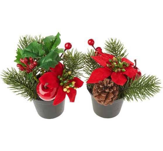 Kerstarrangement met dennenboom in pot, 2 stuks