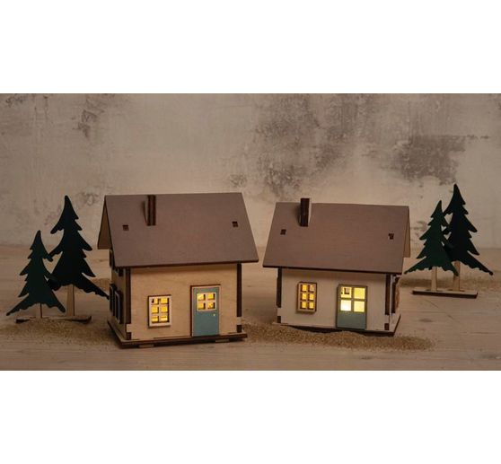 Houten bouwpakket "Lichthuisjes en dennenbomen", incl. LED