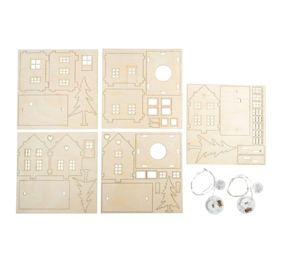 Houten bouwpakket "Lichthuisjes en dennenbomen", incl. LED