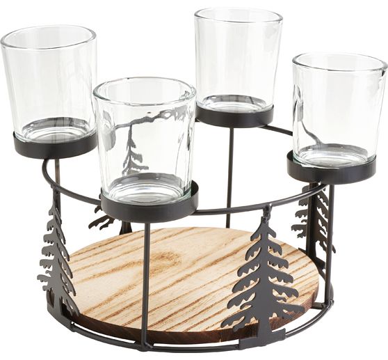 Houten metalen adventskrans met boomsilhouet + 4 potjes voor kaarsen