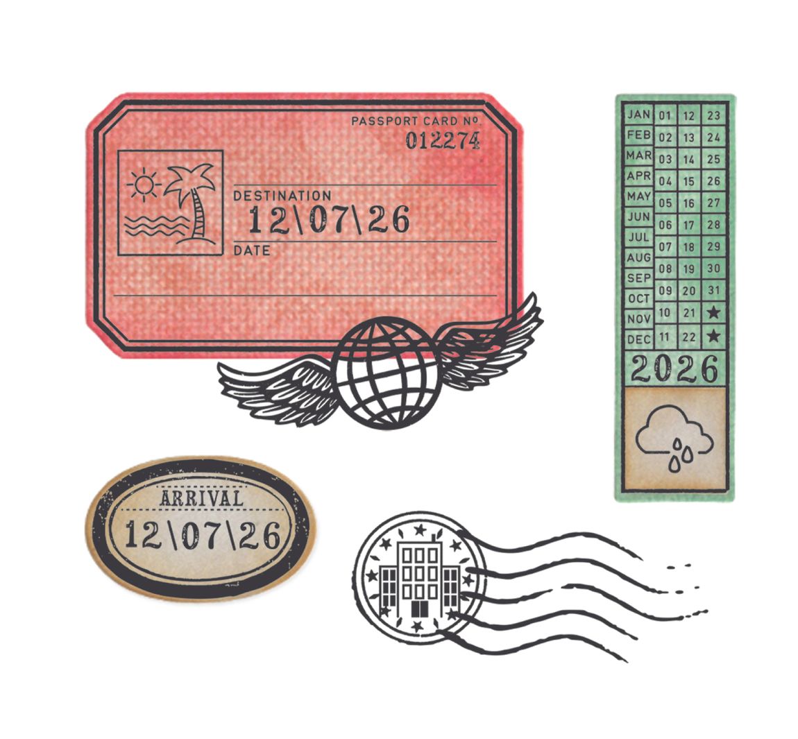 Sizzix Framelits Ponssjabloon en Clear Stamps "Globetrotter’s Mark by 49 & Market"