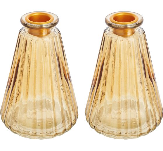 VBS Glass vase with candle holder, amber‑coloured, 2 pcs
