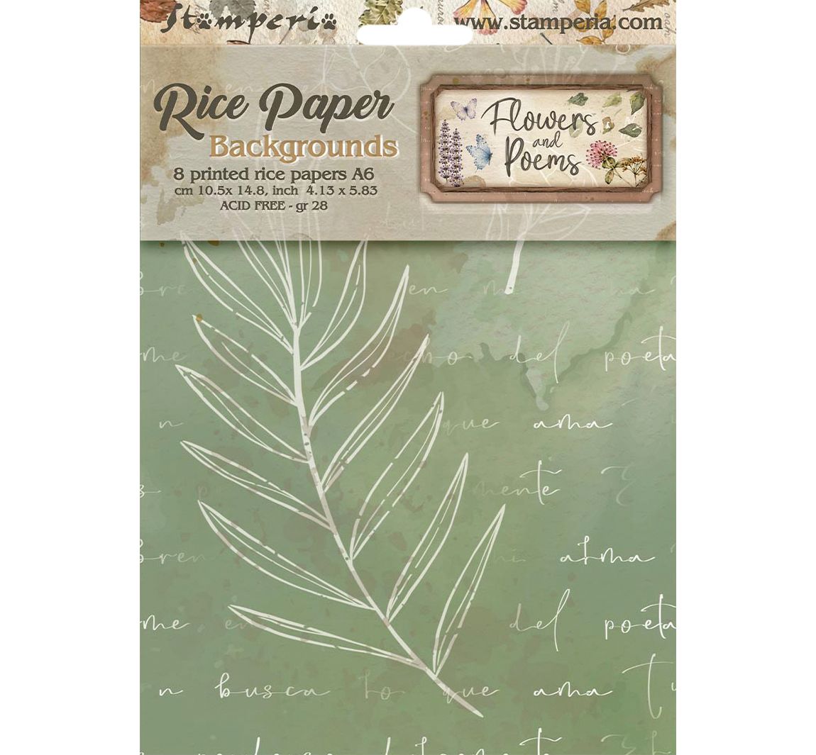 Stamperia Motief strozijde backgrounds "Flowers and Poems", DIN A6, set van 8