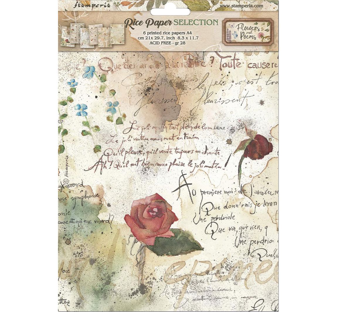 Stamperia Motief strozijde assortiment "Flowers and Poems", DIN A4, set van 6