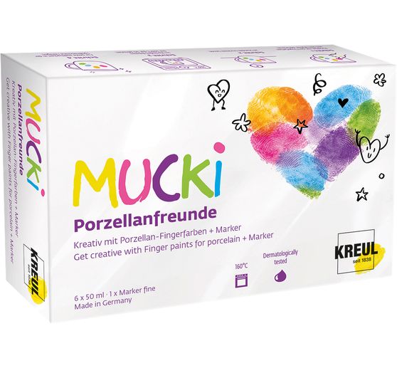 MUCKI Porseleinen vingerverf + marker "Porzellanfreunde", 6 x 50 ml