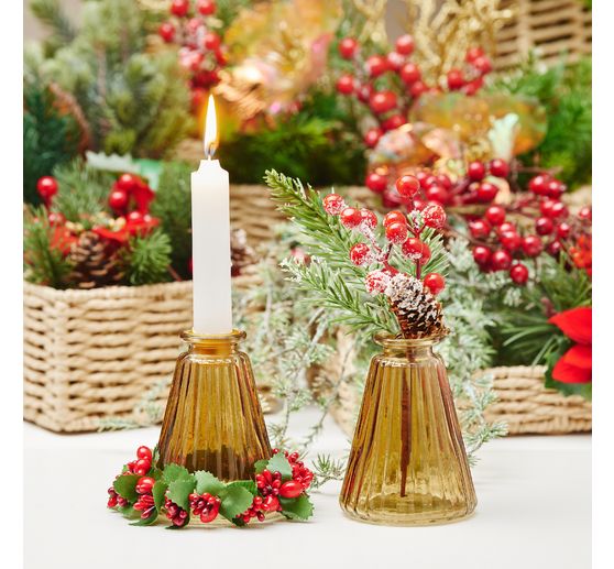 VBS Glass vase with candle holder, amber‑coloured, 2 pcs