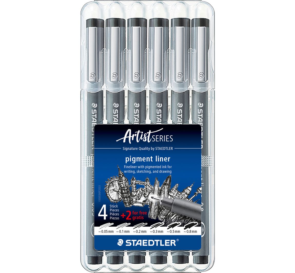 STAEDTLER Pigment Liner, Zwart, set van 6
