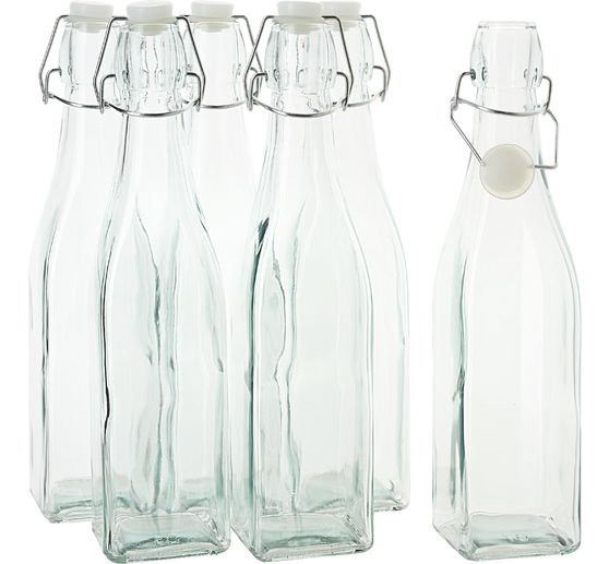 VBS Glazen fles met clip-sluiting "Vierkant", 500 ml, 6 stuks