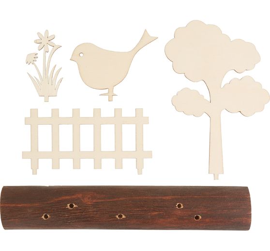 VBS Wooden building kit on tree trunk