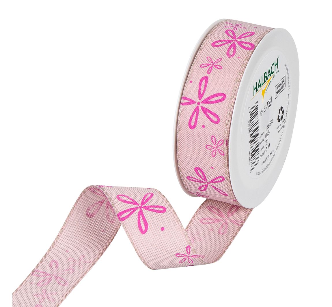 Bedrukt lint "Bloesem" - Lichtroze/Roze