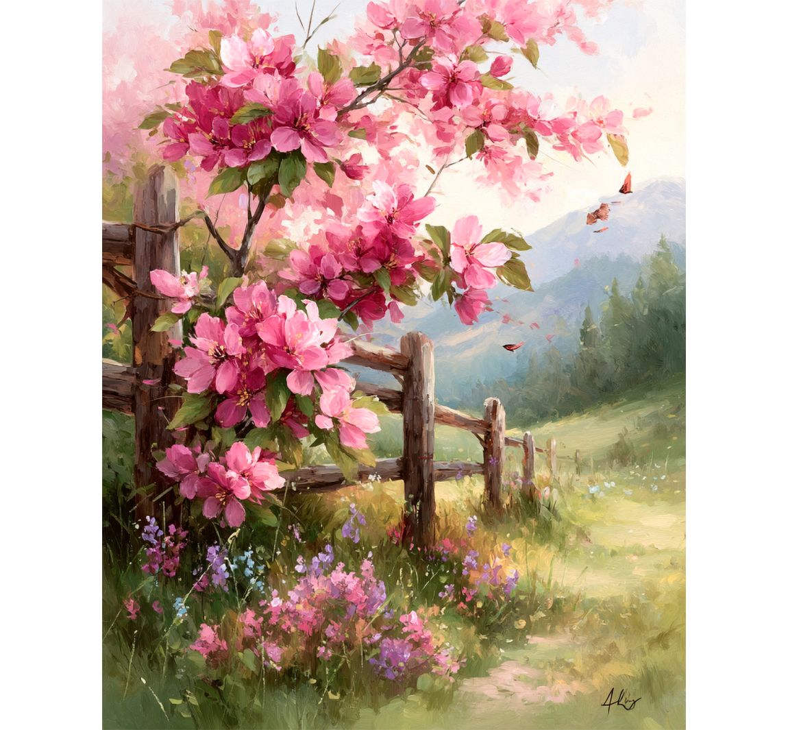 Diamond Painting Set, 40 x 50 cm - Schutting met bloemen