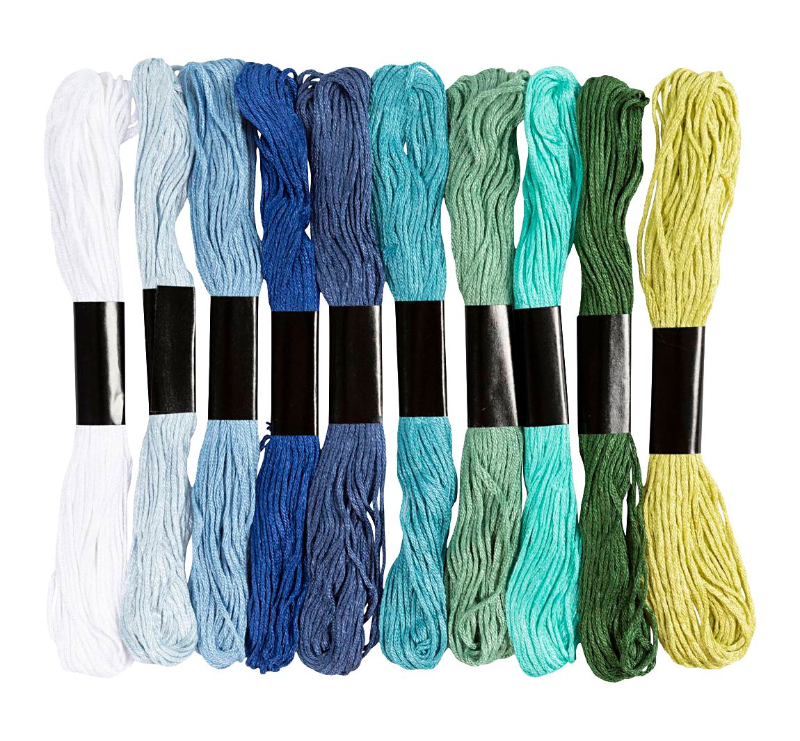 Borduurgarenassortiment, 1 mm, 10 kleuren à 8 m - Harmonie in Blauw/Groen