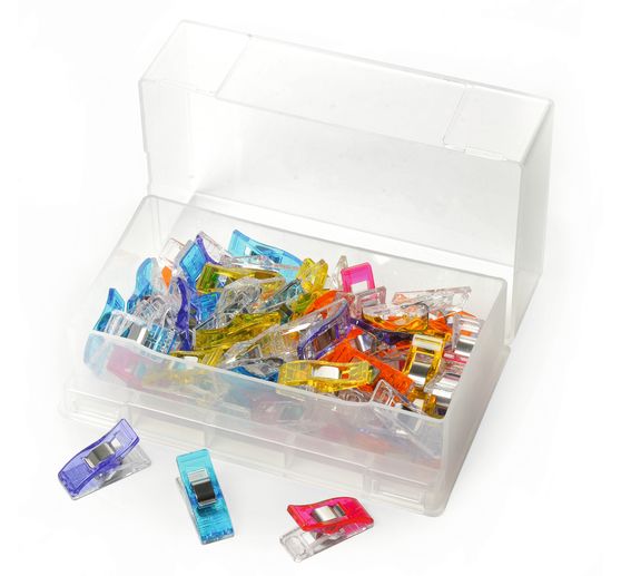 50 Clover fabric clips "Wonder Clips", coloured, in plastic box, wholesale pack