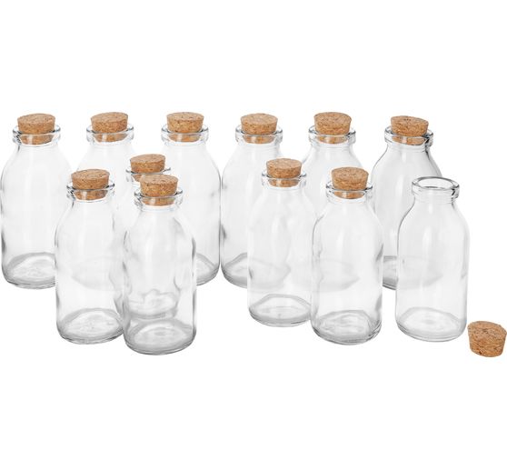 VBS Glass bottles with cork stopper, 12 pieces