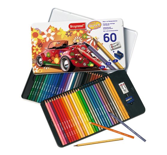 Coloured pencils in metal box, 60 pieces