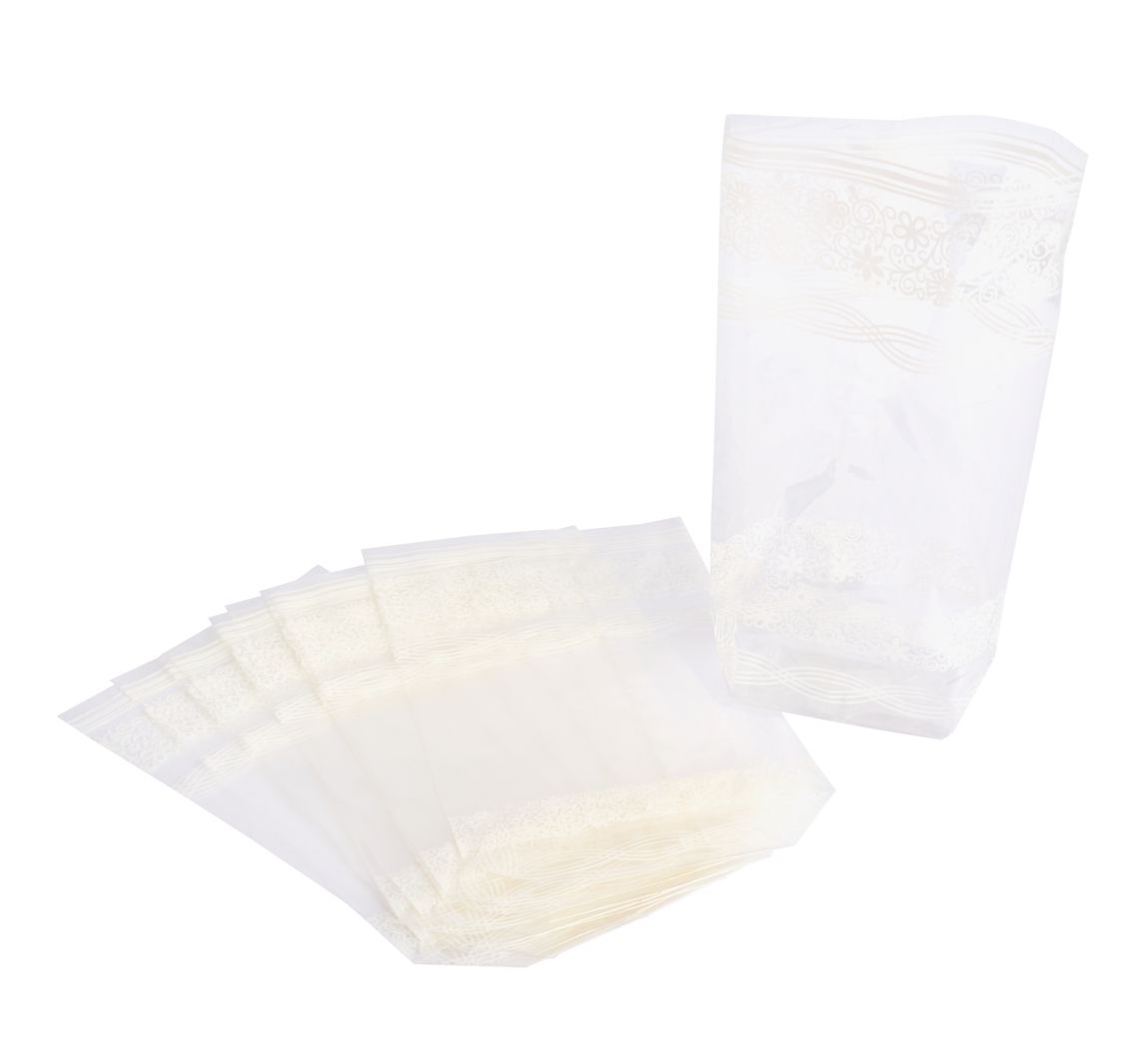 Cellofaanzakken met witte kantbedrukking, 10 stuks - 9,5 x 16 cm