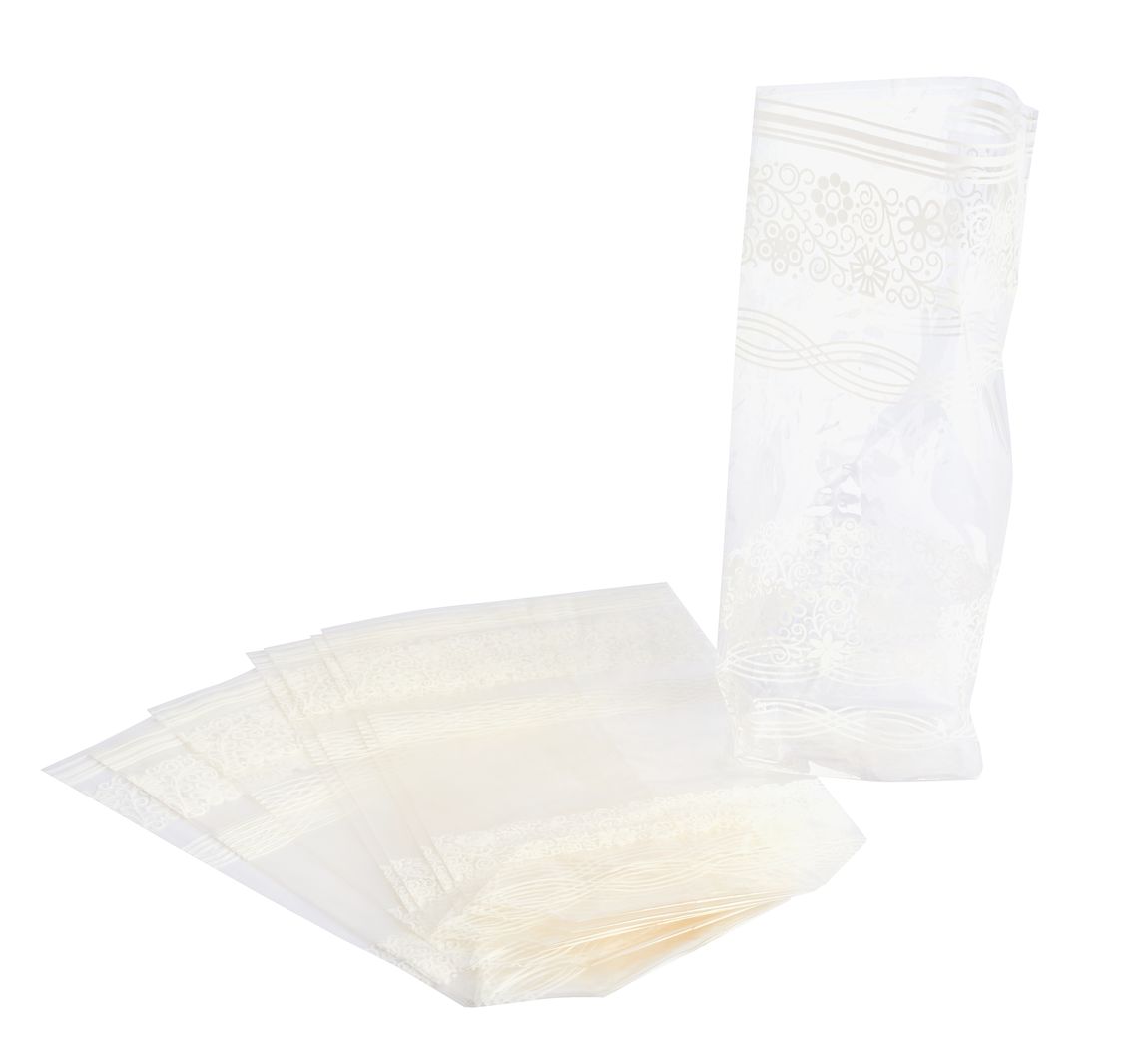 Cellofaanzakken met witte kantbedrukking, 10 stuks - 11,5 x 19 cm