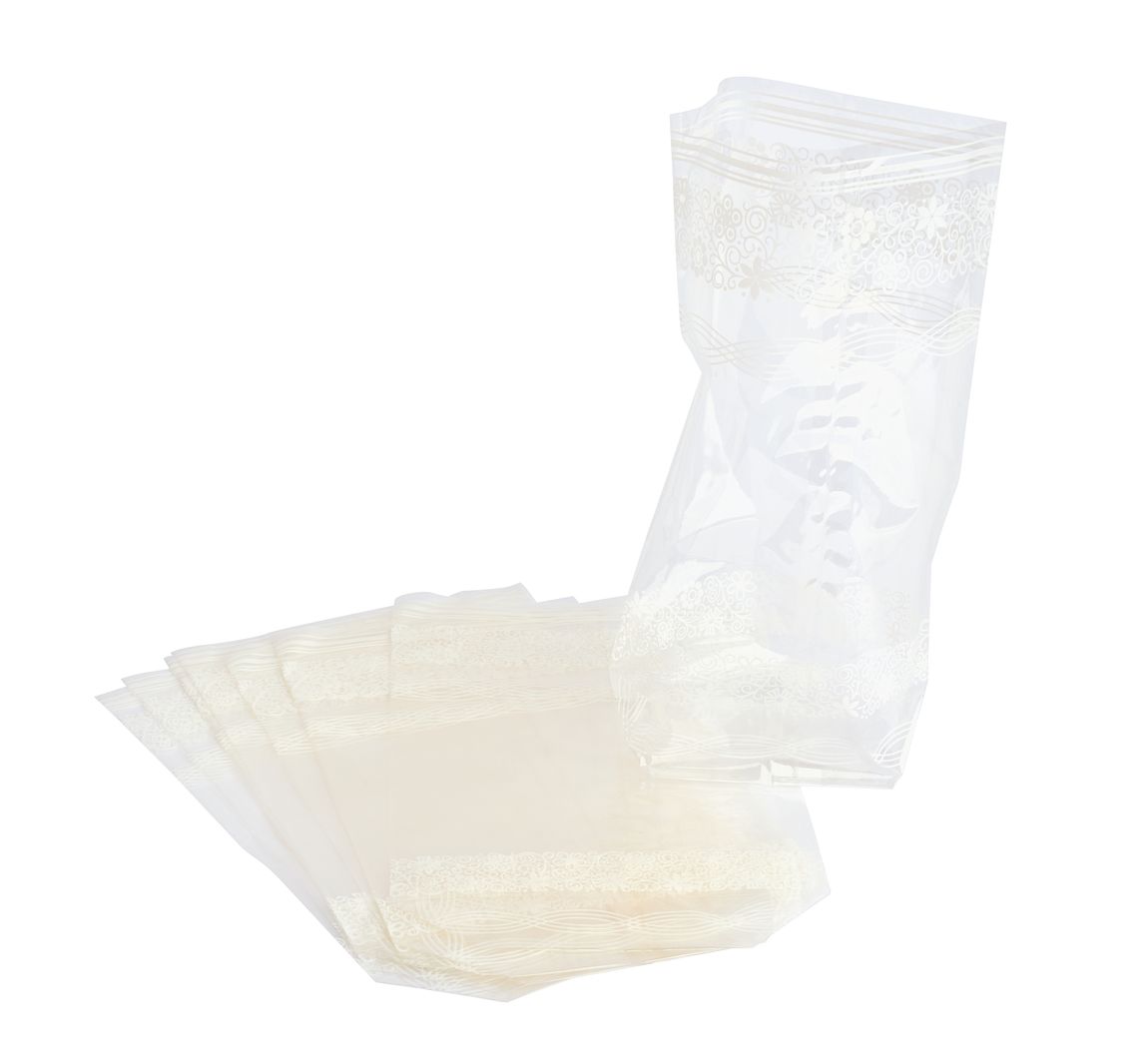Cellofaanzakken met witte kantbedrukking, 10 stuks - 14,5 x 23,5 cm
